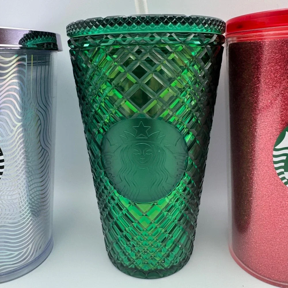 Starbucks Cold Cup Tumbler Lot 4 Green Jewel‎ Red Glitter Studded Silver  16oz